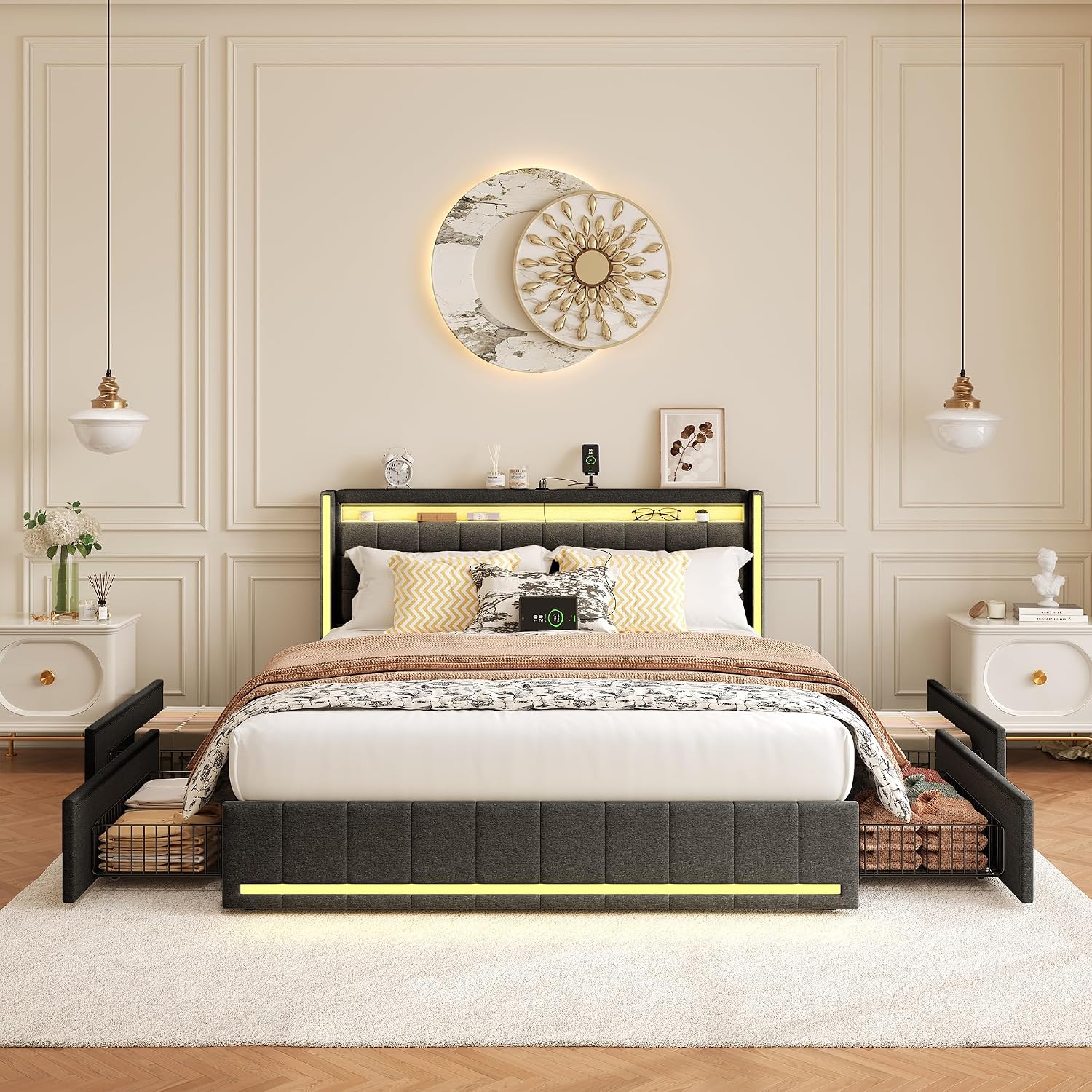 Lit Double 140x200 cm – 4 Tiroirs de Rangement, Éclairage LED +6000 Couleurs & Tête de Lit Réglable en PU