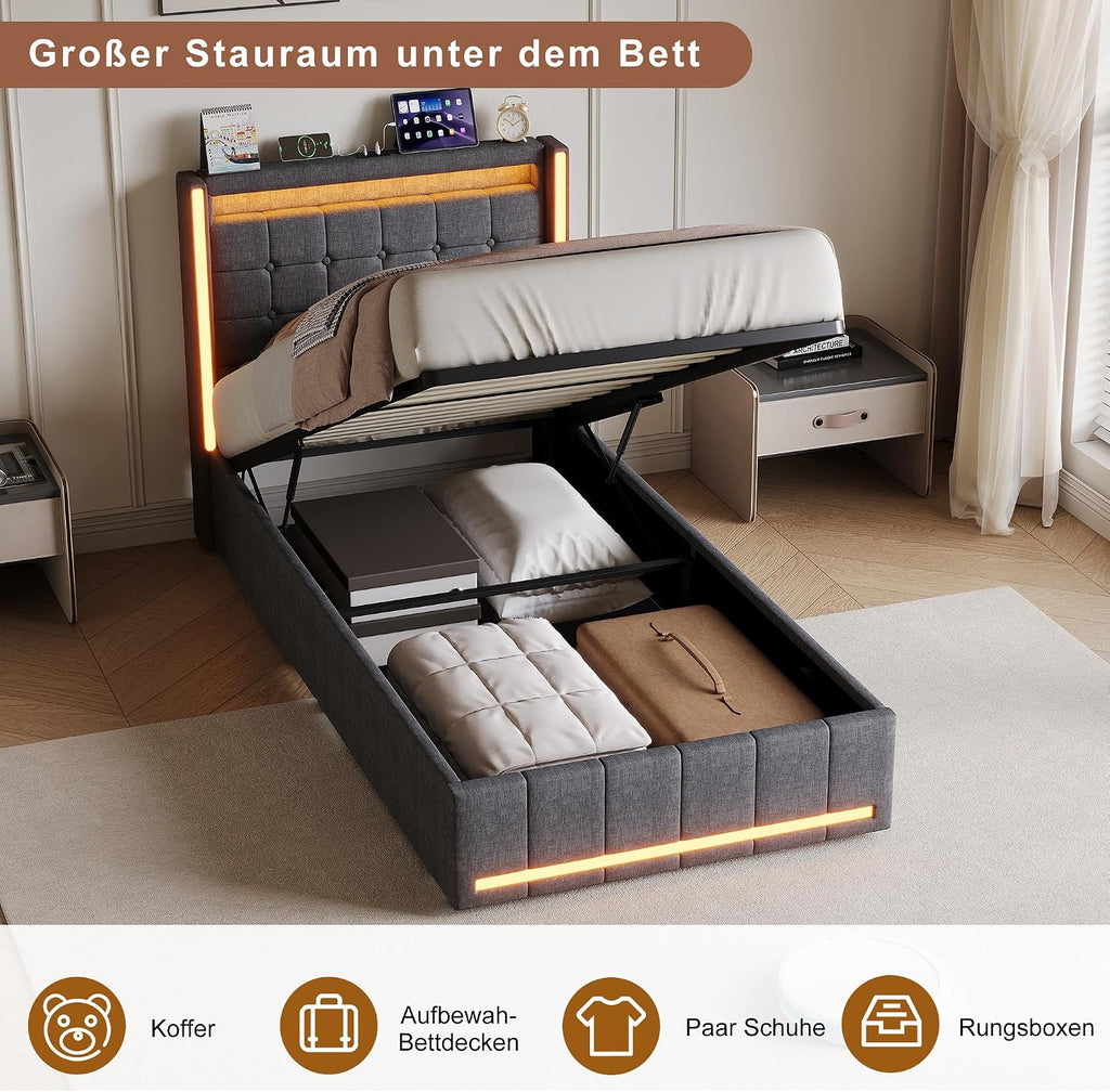 Lit Coffre 90x200 cm – Tête de Lit Rangement, Éclairage LED 16 Couleurs & Ports USB/USB-C