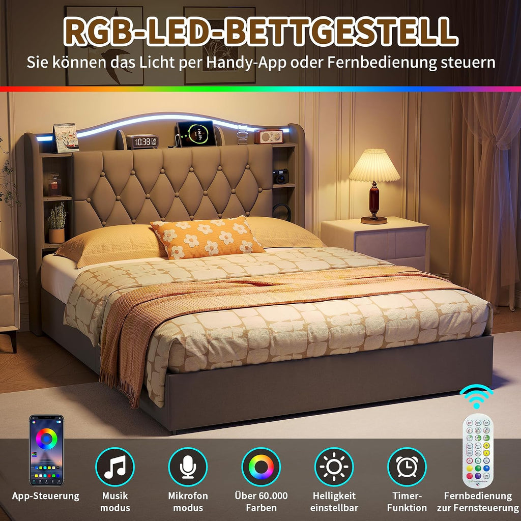 Lit Coffre BRILVERDE | LED RGB & Port USB | Sommier à Lattes | Tissu Lin | 90 à 160 x 200 cm