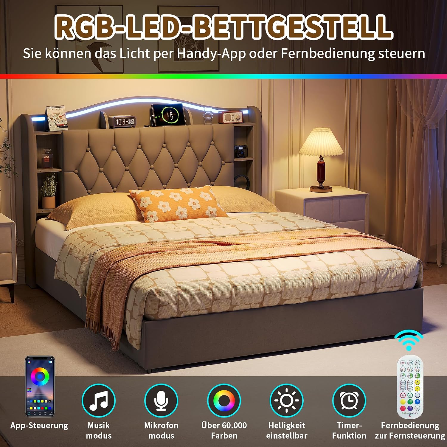 Lit Coffre BRILVERDE | LED RGB & Port USB | Sommier à Lattes | Tissu Lin | 90 à 160 x 200 cm