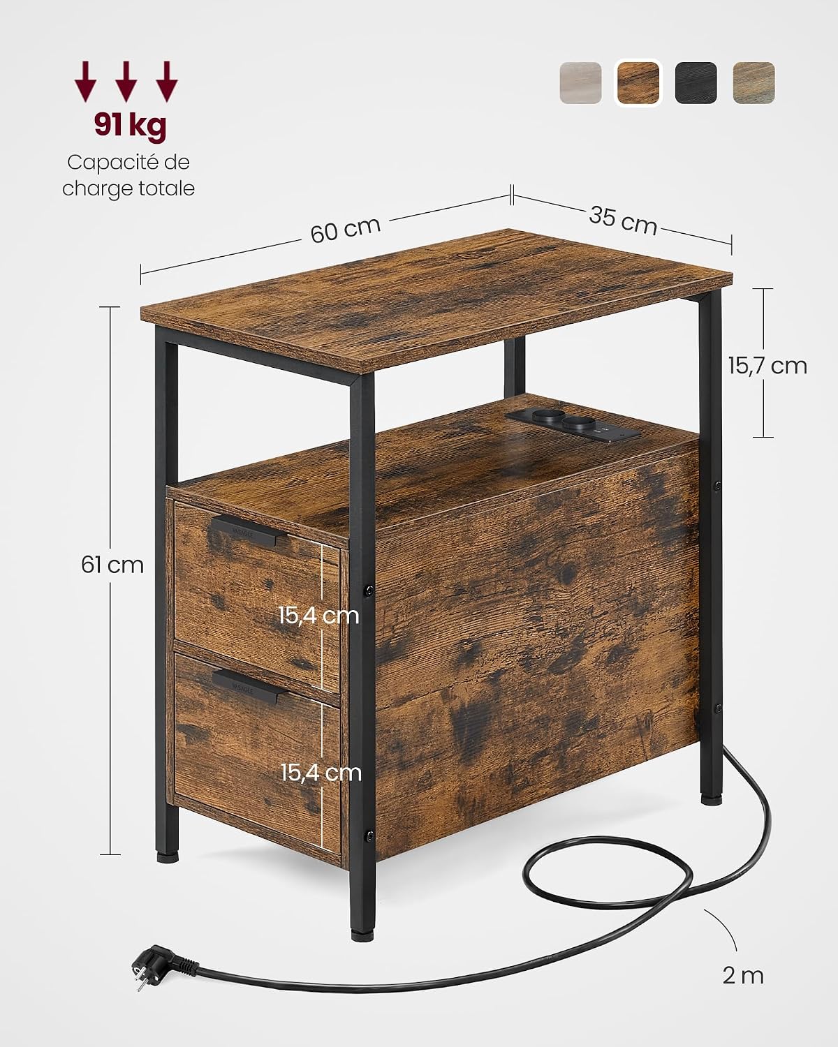 Table de Chevet VASAGLE avec Multiprise – 2 Tiroirs, USB, Style Vintage, 35 x 61 cm