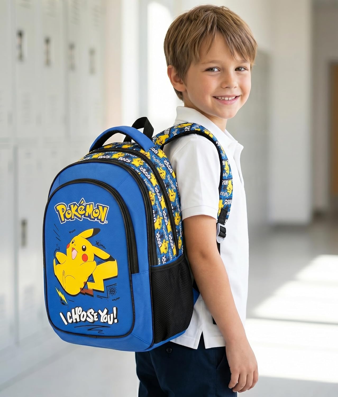 Clondo Elementary School Backpack for Kids, 43 x 33 x 15 cm, Multi-Pocket, Ergonomic Backrest, Padded Shoulder Straps, Bottle Holder Pockets, Large Capacity and Shiny Design, Pokemon Expressive