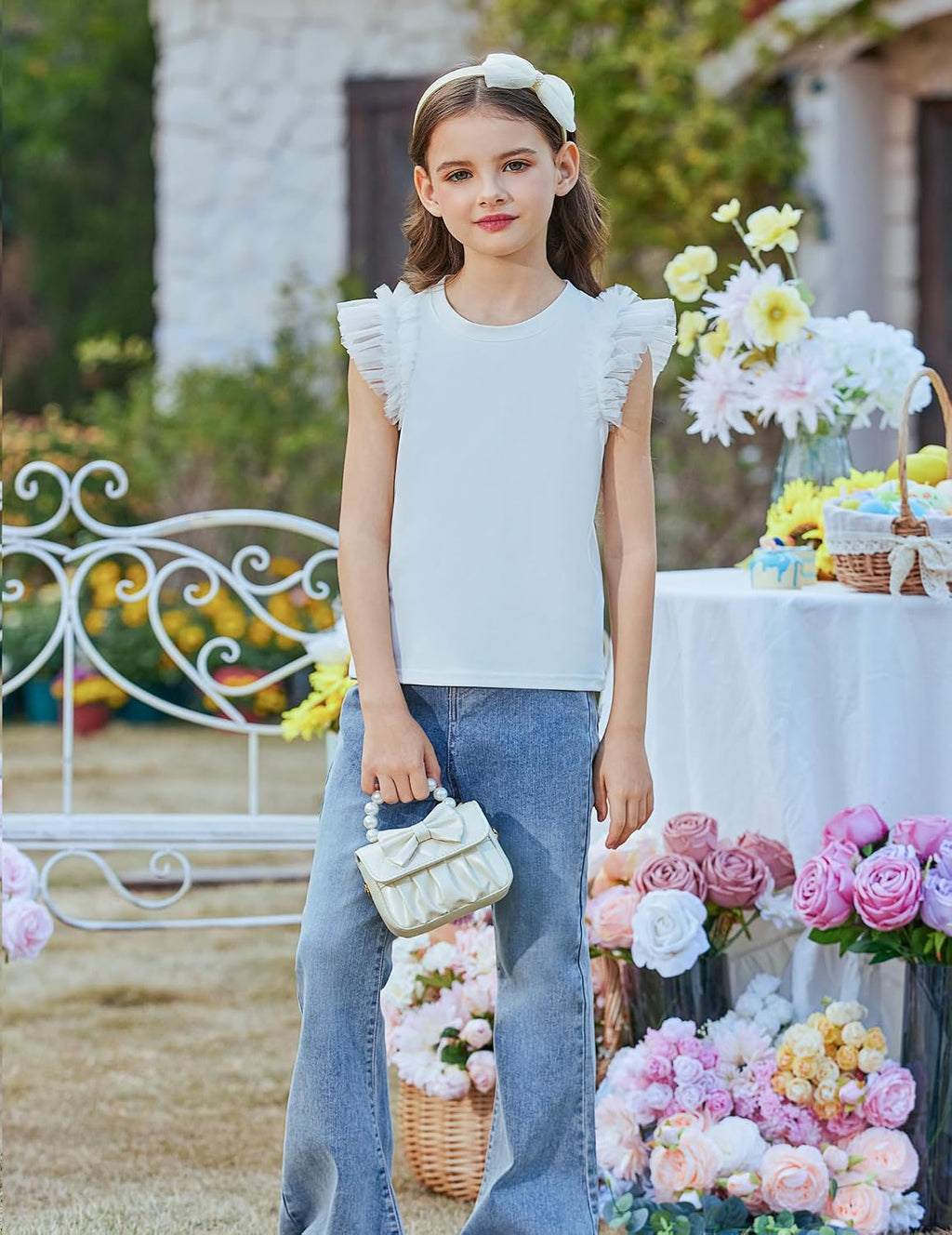 Arshiner T-shirt met kanten mouwen voor meisjes, zomertop, ronde hals, korte mouwen, casual, effen, 5-14 jaar