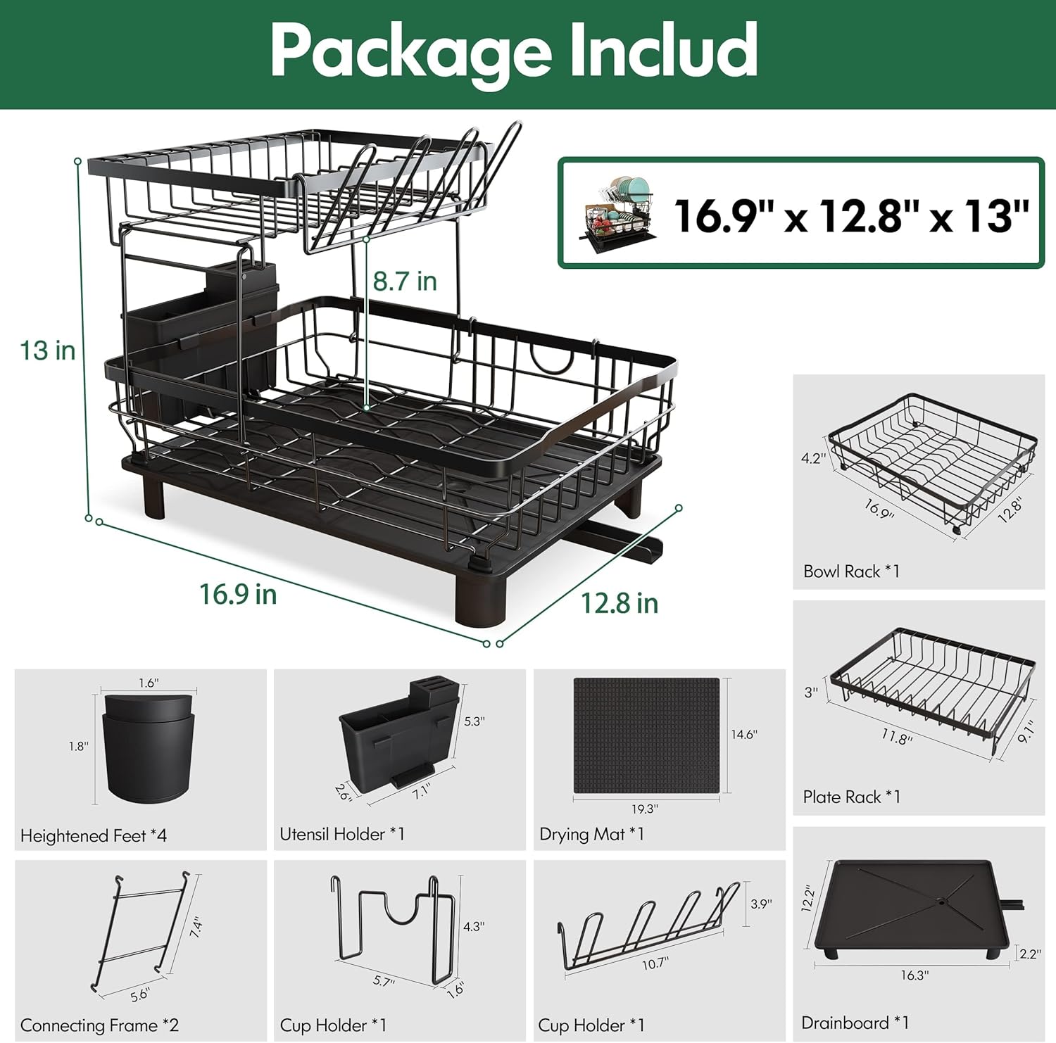 Égouttoir à Vaisselle 2 Niveaux MAJALiS Noir – Inox, Drainage Auto 360°, Tapis Inclus, 43 x 33 cm