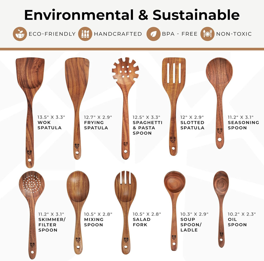 Set d'Ustensiles de Cuisine en Bois de Teck 10 Pièces — Anti-rayures, Sans BPA