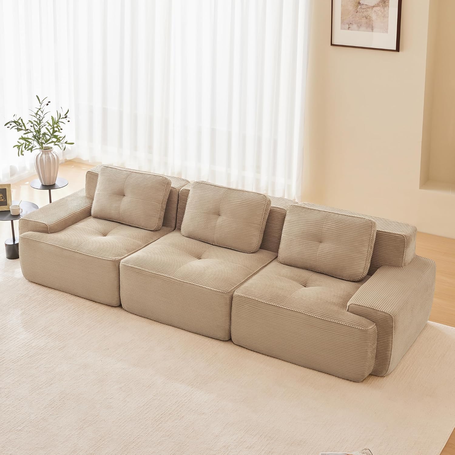 Canapé modulable en L Bladez – 3+1 places – Tissu côtelé kaki clair – Assise profonde