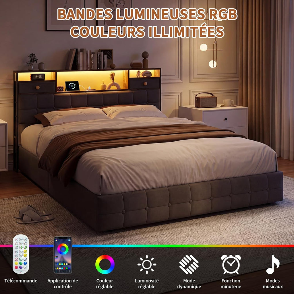 Lit Double 140x200 cm – 4 Tiroirs de Rangement, Éclairage LED +6000 Couleurs & Tête de Lit Réglable en PU