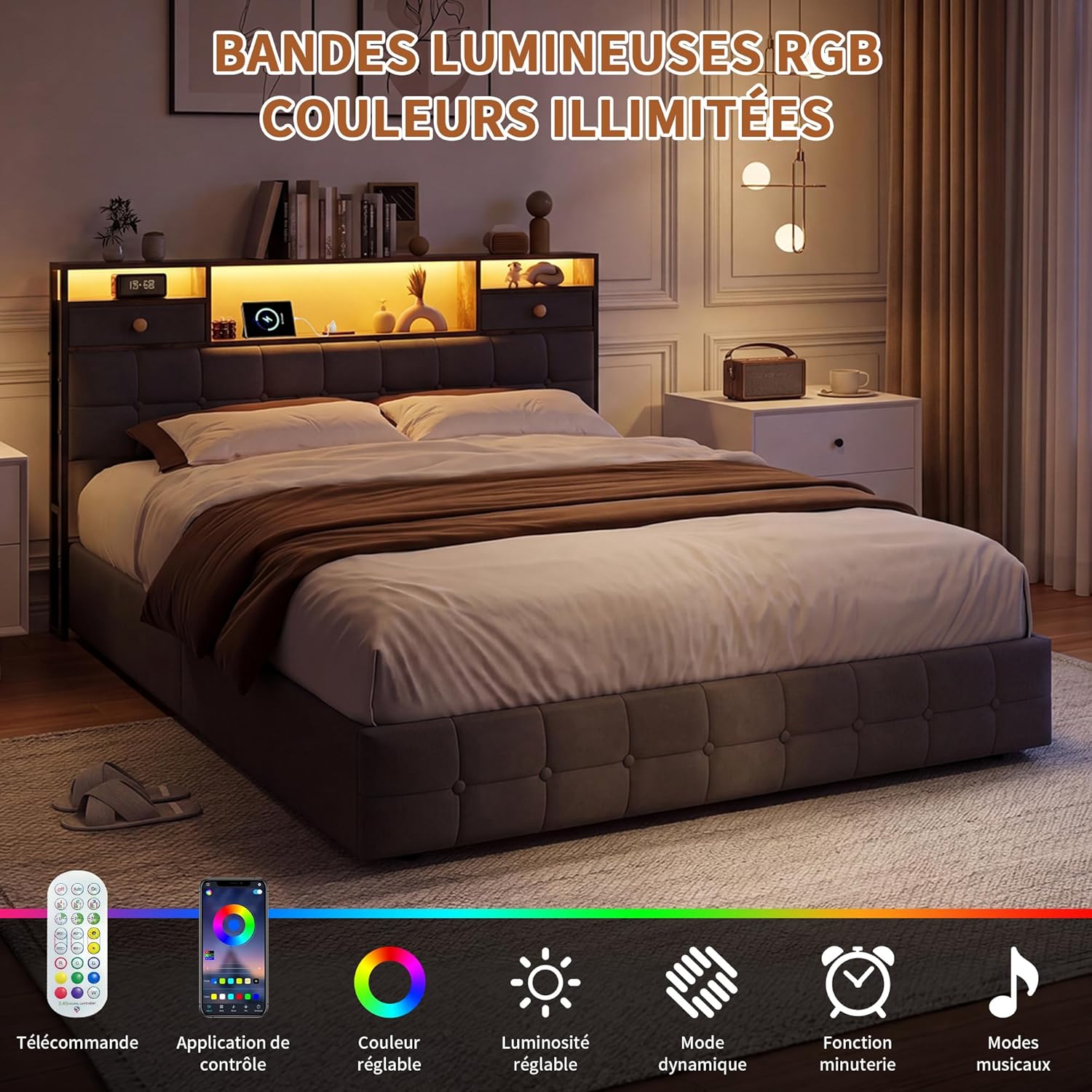Lit Double 140x200 cm – 4 Tiroirs de Rangement, Éclairage LED +6000 Couleurs & Tête de Lit Réglable en PU