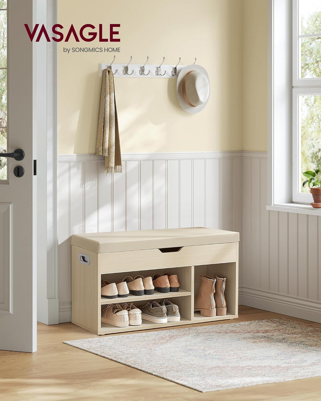 Banc à Chaussures Rembourré VASAGLE – Rangement 3 Compartiments, Style Vintage, 80 cm
