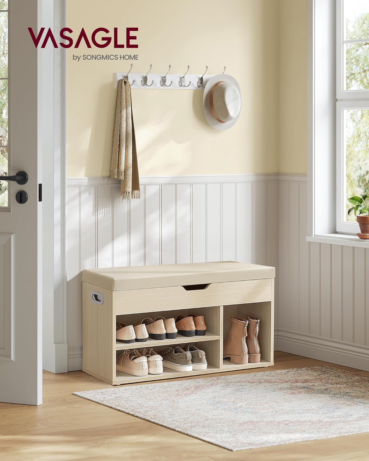Banc à Chaussures Rembourré VASAGLE – Rangement 3 Compartiments, Style Vintage, 80 cm