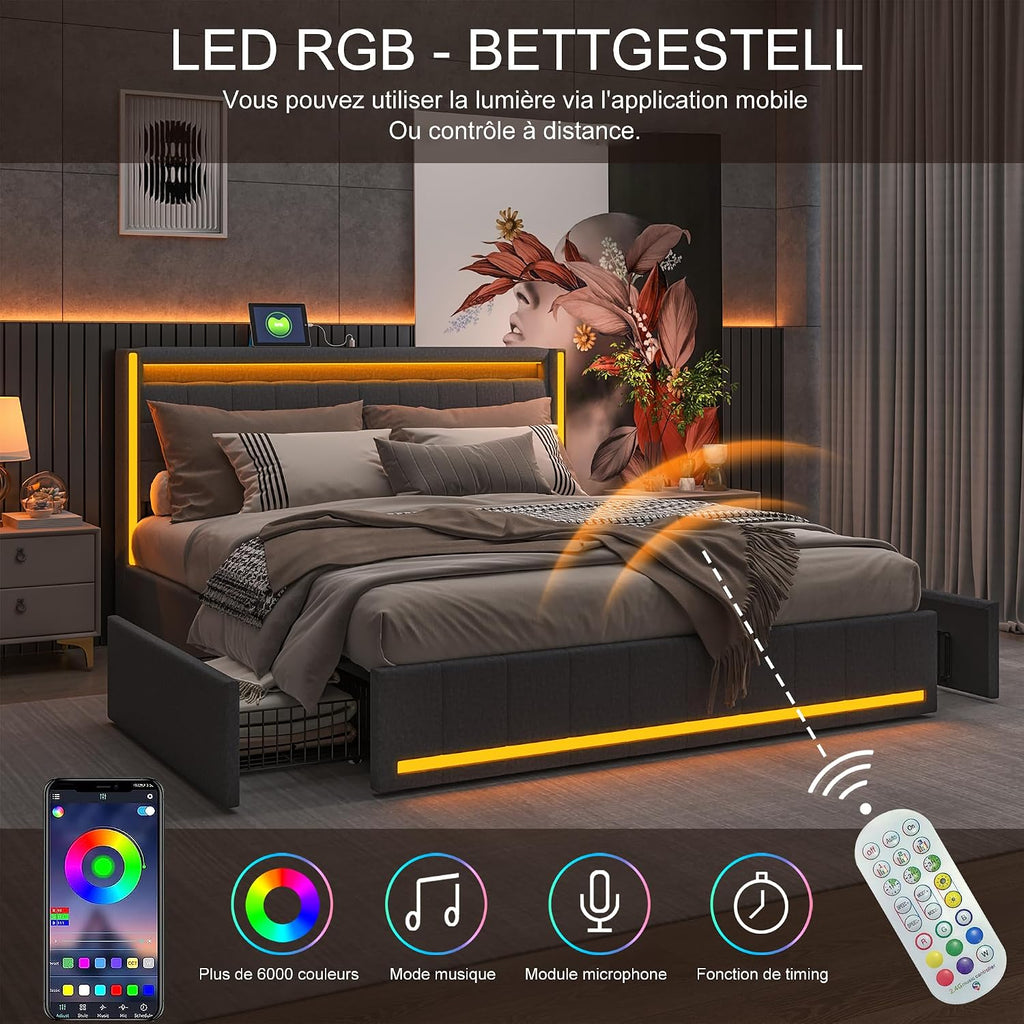 Lit Double 140x200 cm – 4 Tiroirs de Rangement, Éclairage LED +6000 Couleurs & Tête de Lit Réglable en PU