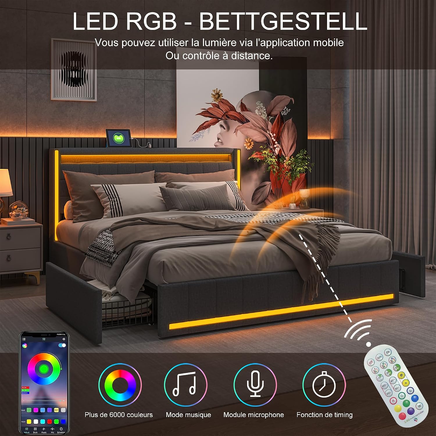 Lit Double 140x200 cm – 4 Tiroirs de Rangement, Éclairage LED +6000 Couleurs & Tête de Lit Réglable en PU