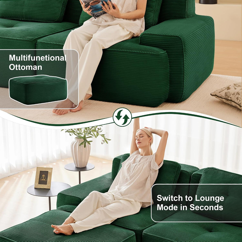 Canapé modulable en L Bladez – 3+1 places – Tissu côtelé kaki clair – Assise profonde