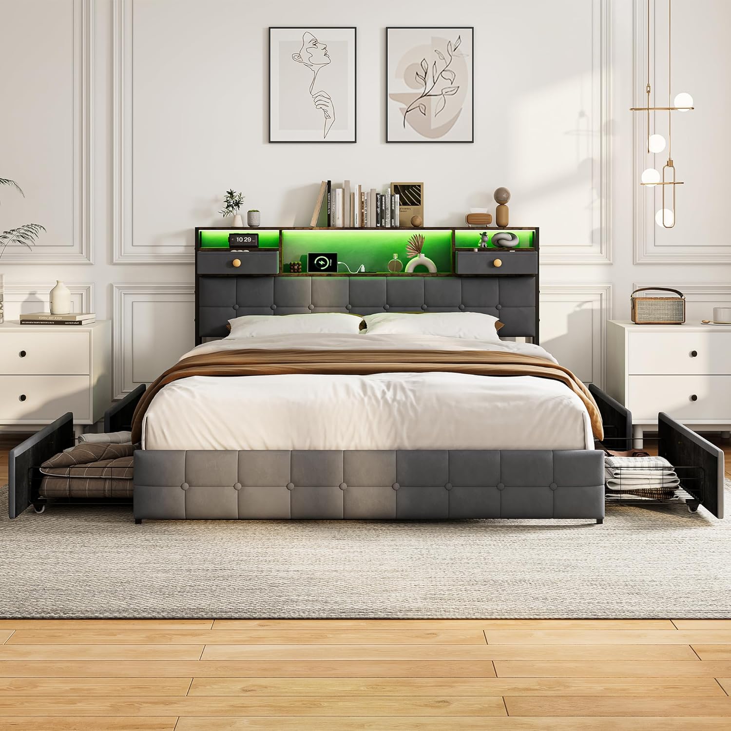 Lit Double 140x200 cm – 4 Tiroirs de Rangement, Éclairage LED +6000 Couleurs & Tête de Lit Réglable en PU