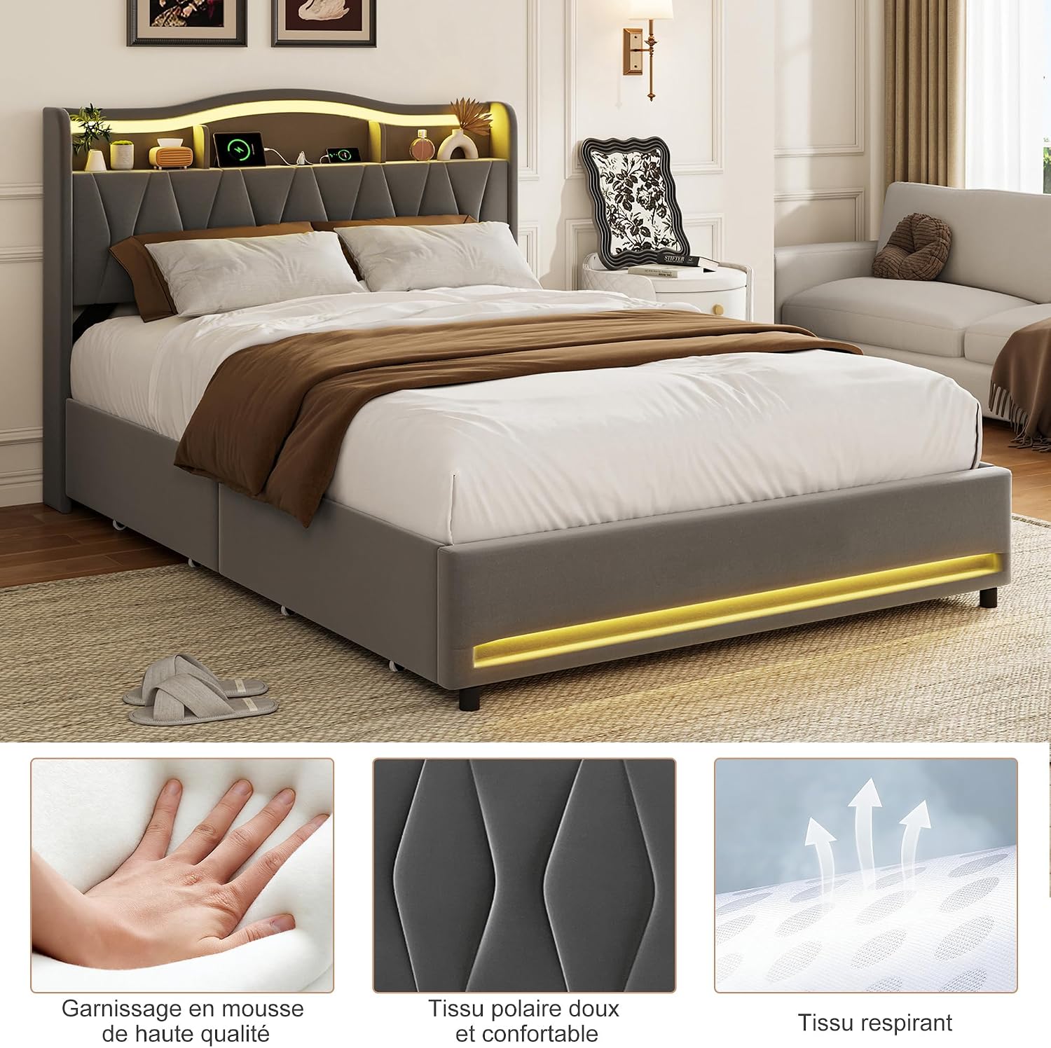 Lit Double 140x200 cm – 4 Tiroirs de Rangement, Éclairage LED +6000 Couleurs & Tête de Lit Réglable en PU