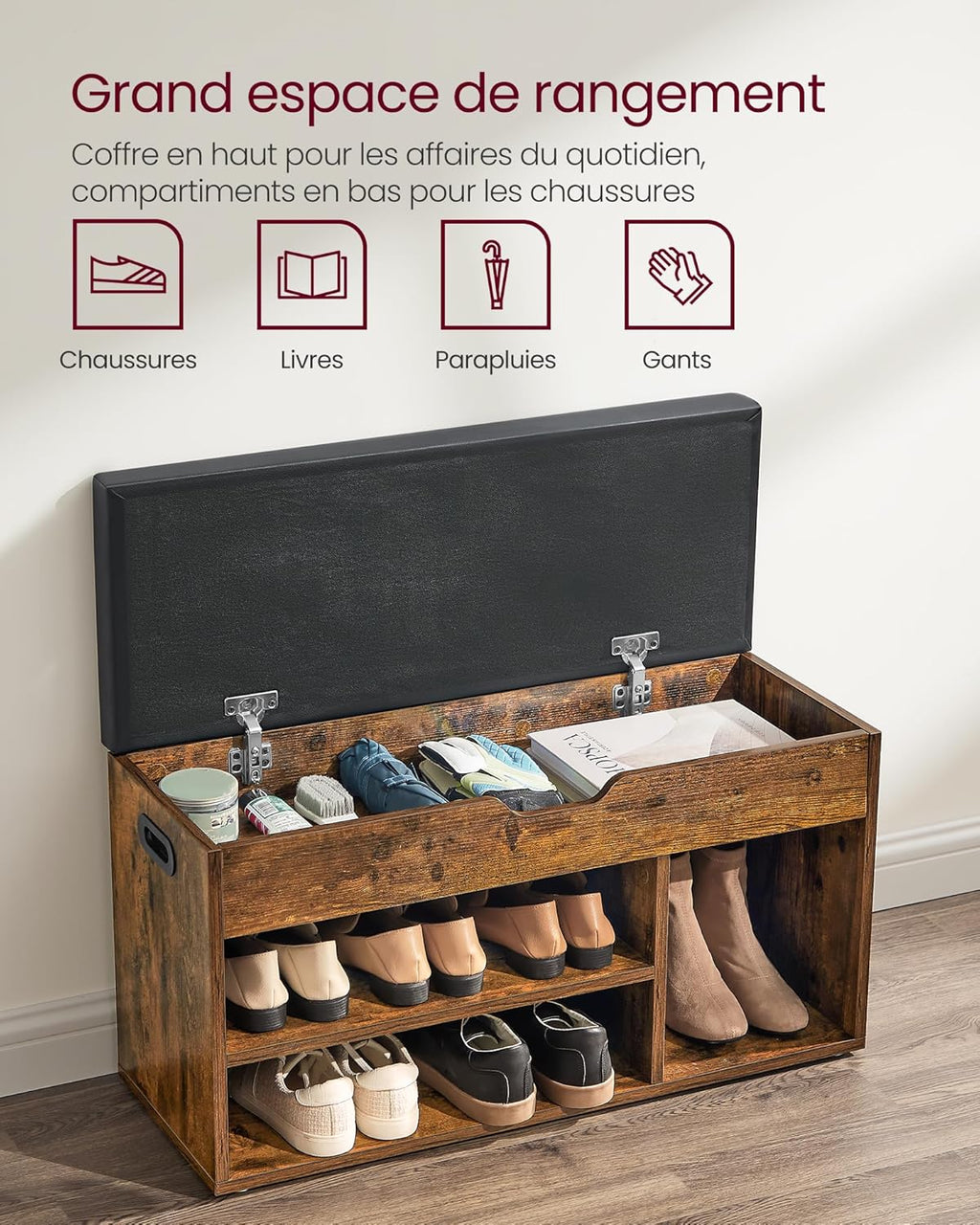 Banc à Chaussures Rembourré VASAGLE – Rangement 3 Compartiments, Style Vintage, 80 cm