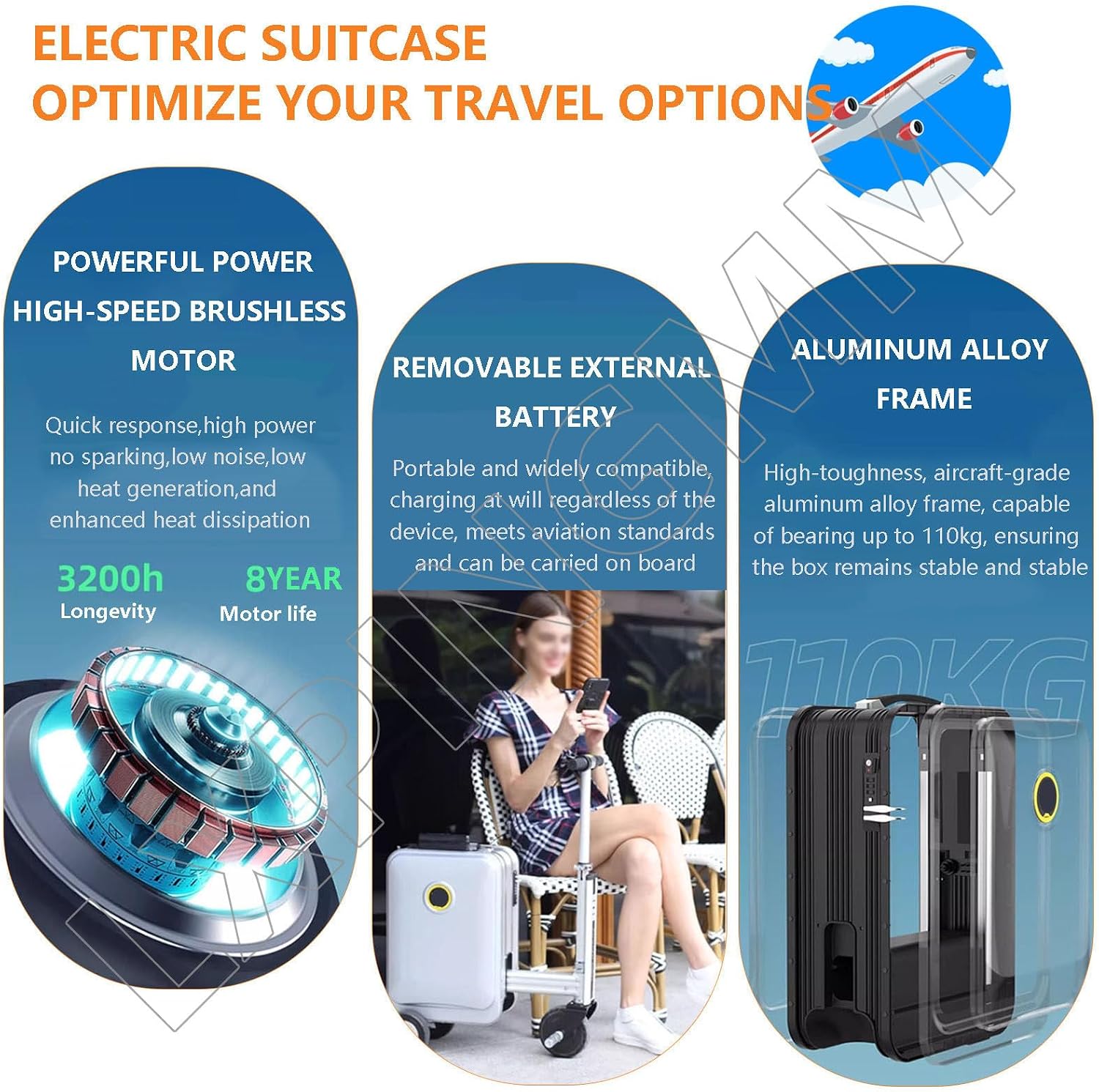 Valise électrique avec chargement USB, verrouillage TSA et fonction avant/arrière pour voyage intelligent, Argenté.
