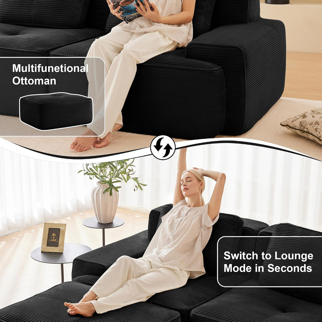 Canapé modulable en L Bladez – 3+1 places – Tissu côtelé kaki clair – Assise profonde