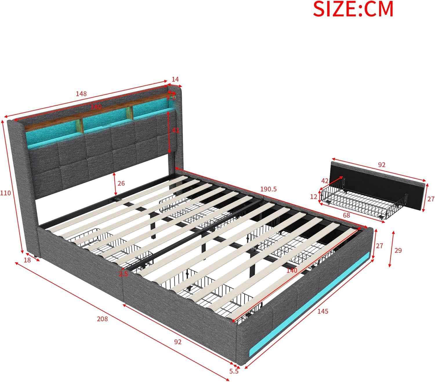 Lit Coffre Capitonné 140 x 200 cm – Tête de Lit Hydraulique & Sommier à Lattes – Flanelle Blanc Cassé