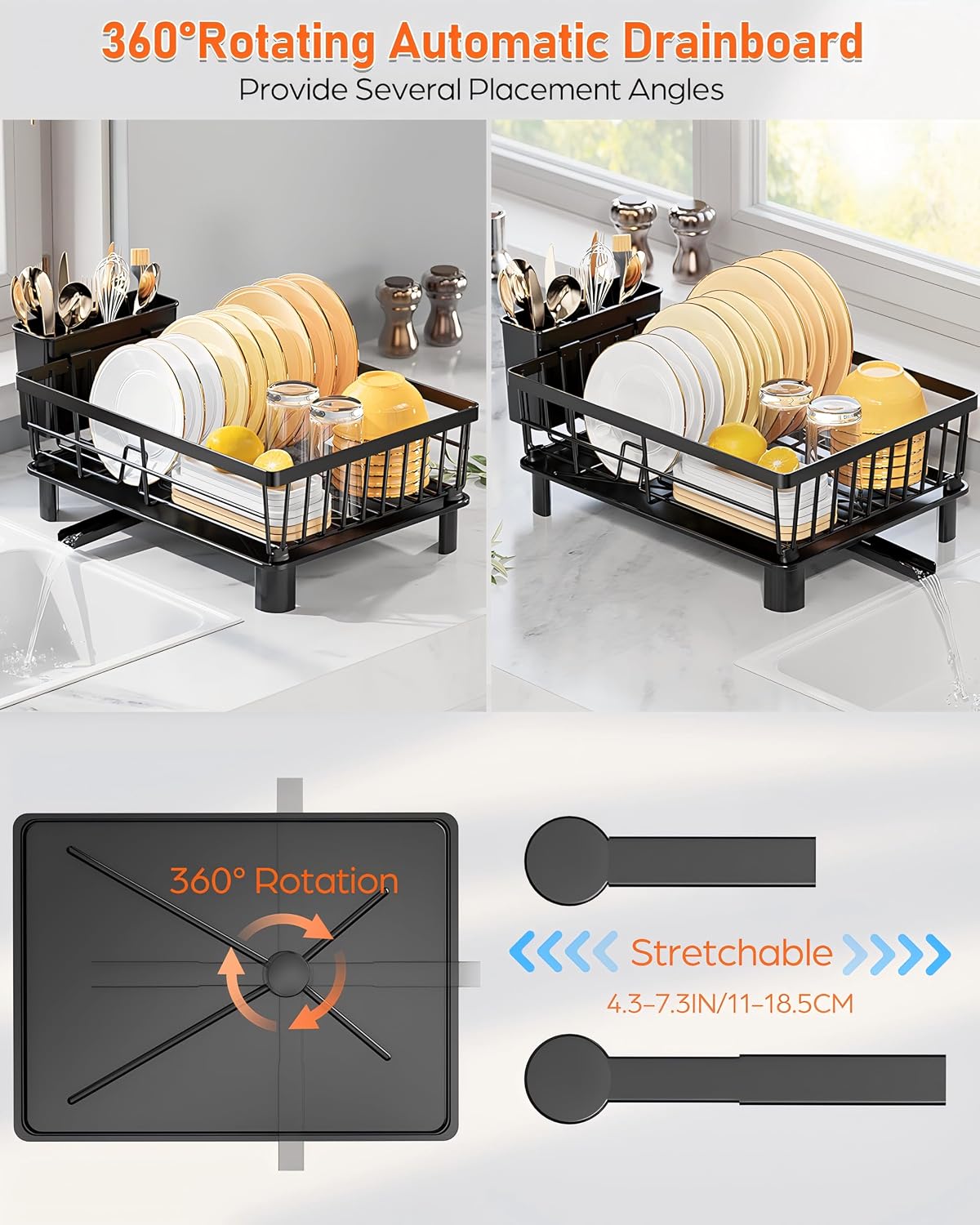Égouttoir à Vaisselle Inox LIONONLY – Drainage Auto 360°, Porte-Ustensiles, 38 x 29 cm, Noir