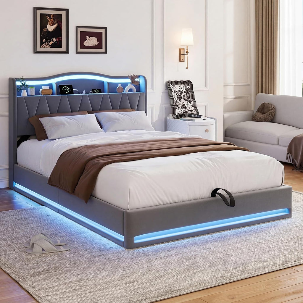 Lit Coffre BRILVERDE | LED RGB & Port USB | Sommier à Lattes | Tissu Lin | 90 à 160 x 200 cm