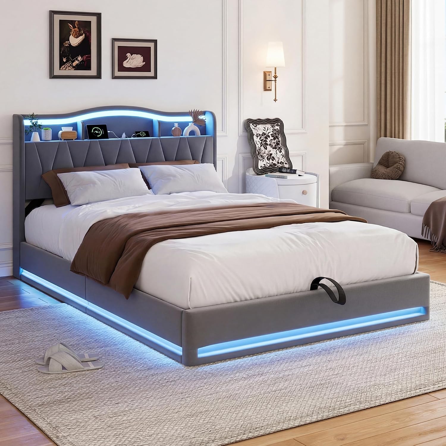 Lit Coffre BRILVERDE | LED RGB & Port USB | Sommier à Lattes | Tissu Lin | 90 à 160 x 200 cm