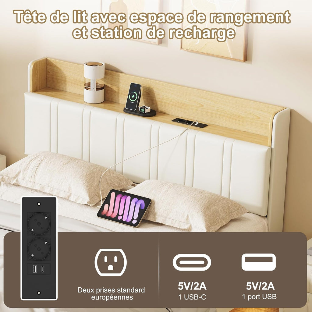 Lit Coffre LED RGB & Port USB | Rangement Hydraulique | Tête de Lit Rembourrée avec Étagères | 90 à 160 x 200 cm