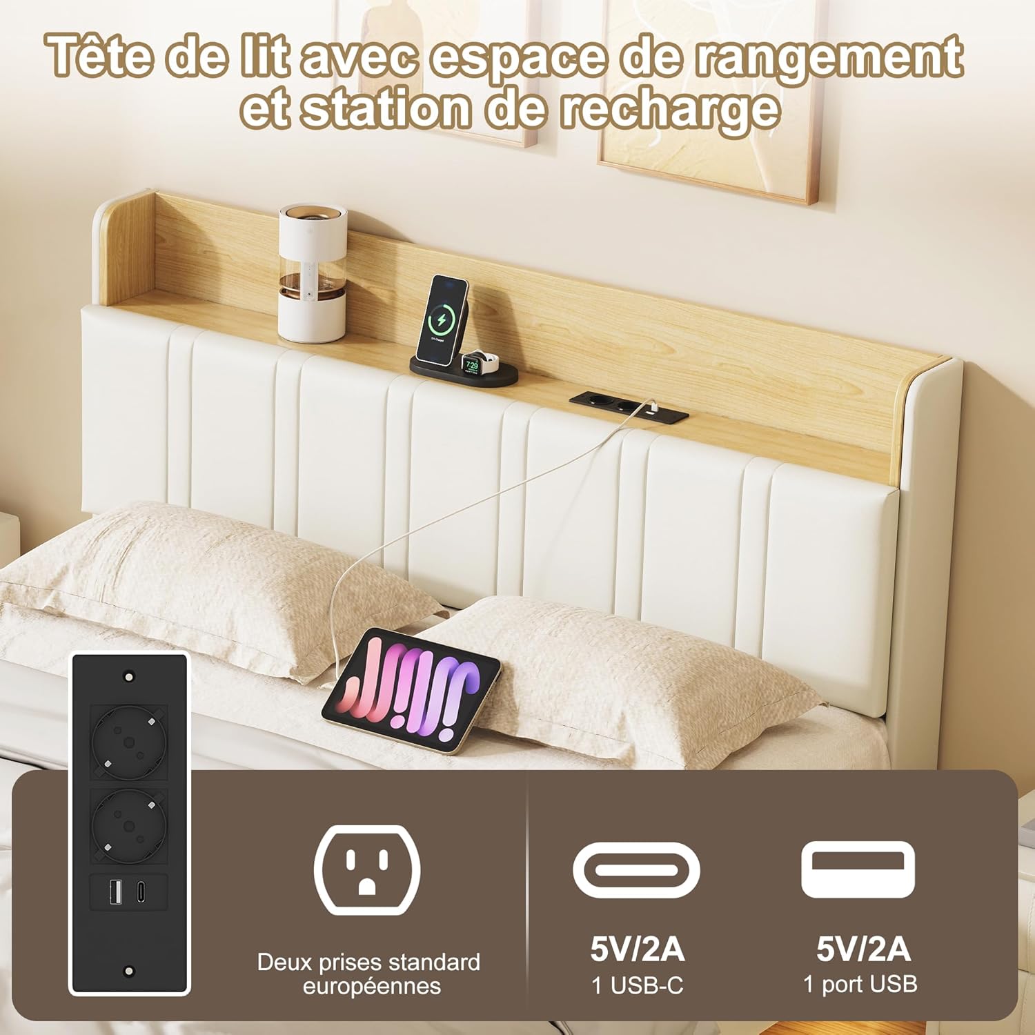 Lit Coffre LED RGB & Port USB | Rangement Hydraulique | Tête de Lit Rembourrée avec Étagères | 90 à 160 x 200 cm