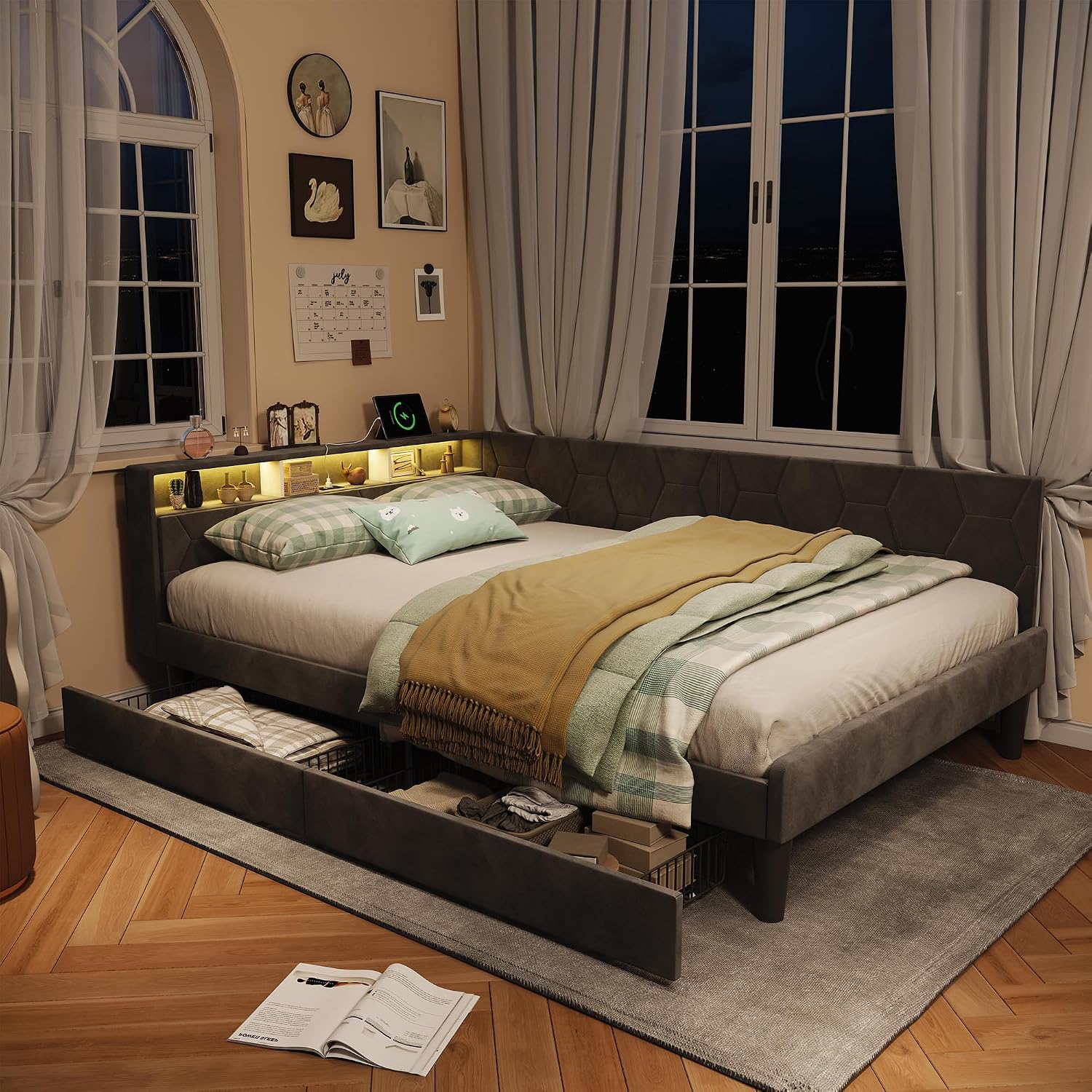 Canapé-Lit Convertible LKPOMI 2 Places — Velours Beige, Lit 180x200 cm