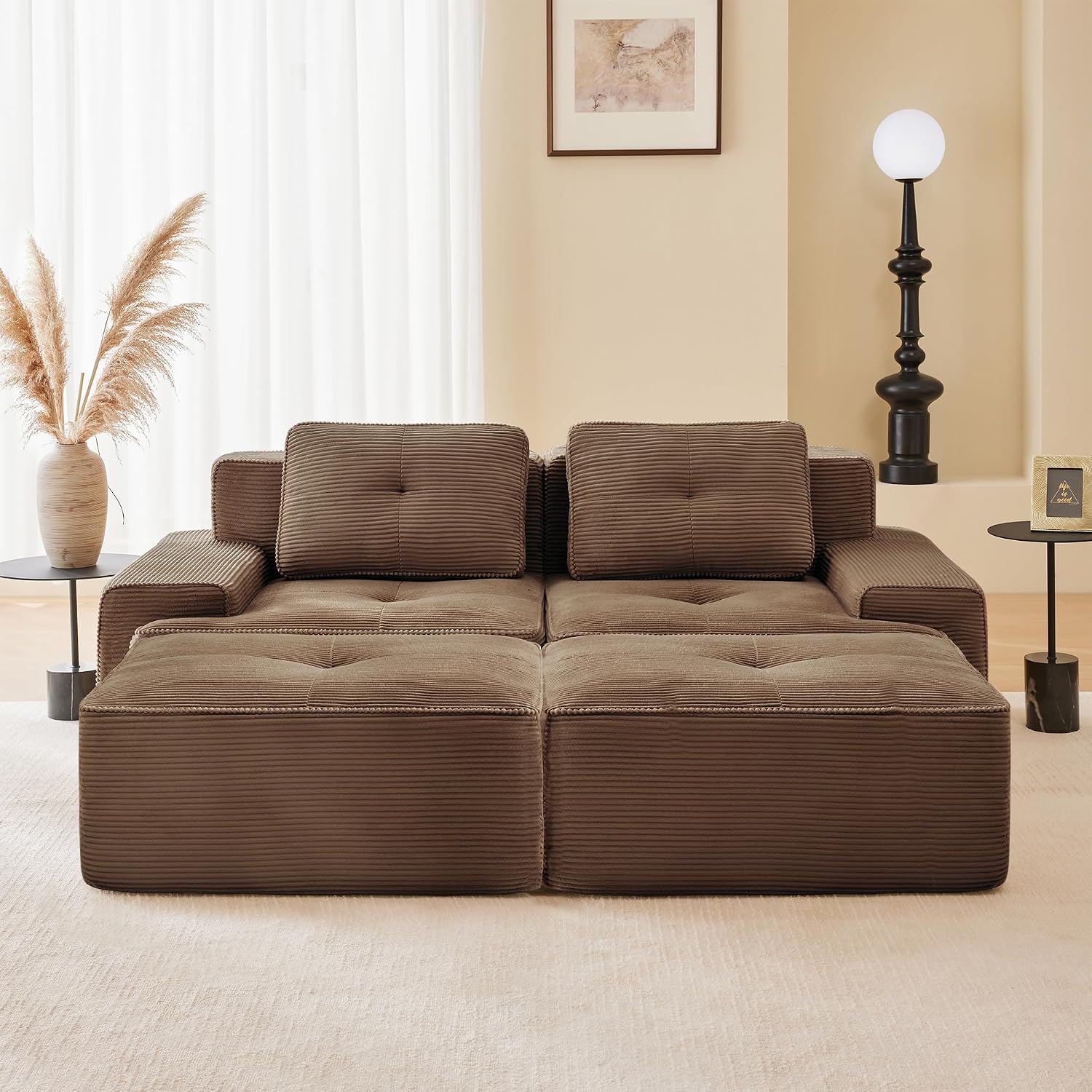Canapé modulable en L Bladez – 3+1 places – Tissu côtelé kaki clair – Assise profonde