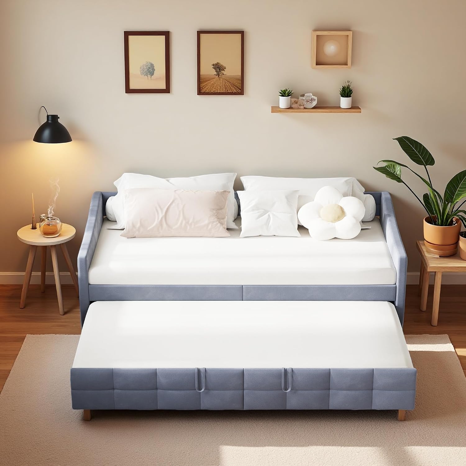 Canapé-Lit Convertible LKPOMI 2 Places — Velours Beige, Lit 180x200 cm