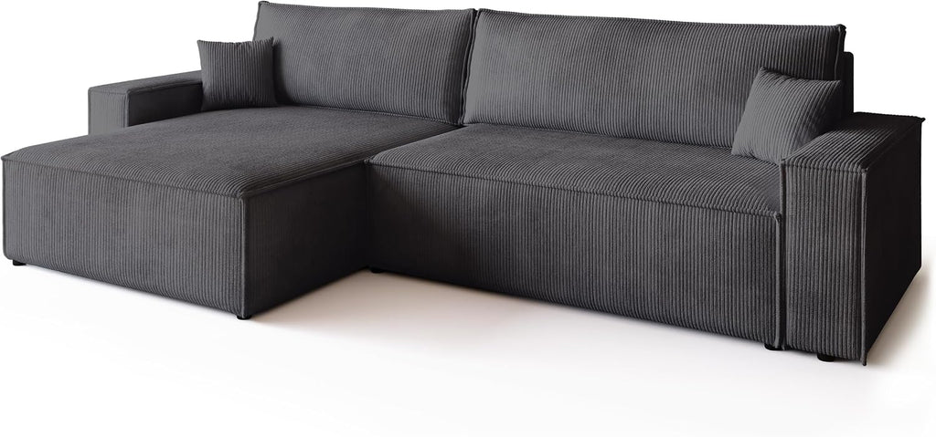 Canapé d'angle convertible BROMARKT ADI XL – 3 places – Velours côtelé vanille – Coffre de rangement