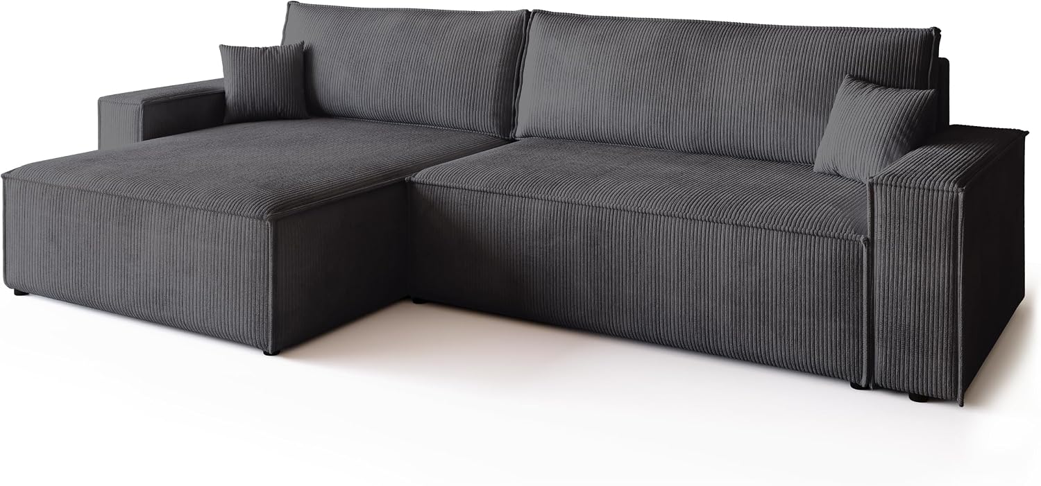 Canapé d'angle convertible BROMARKT ADI XL – 3 places – Velours côtelé vanille – Coffre de rangement