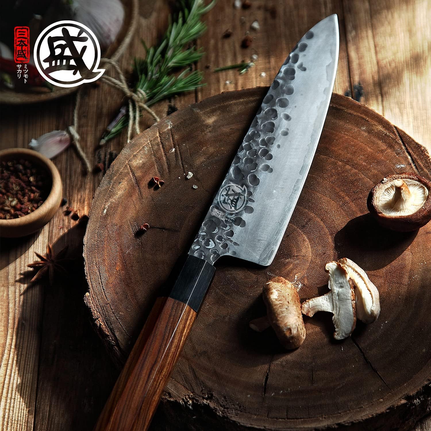 Couteau Gyuto Japonais MITSUMOTO SAKARI 22 cm – Forgé Main, Acier Haute Carbone, Bois de Rose