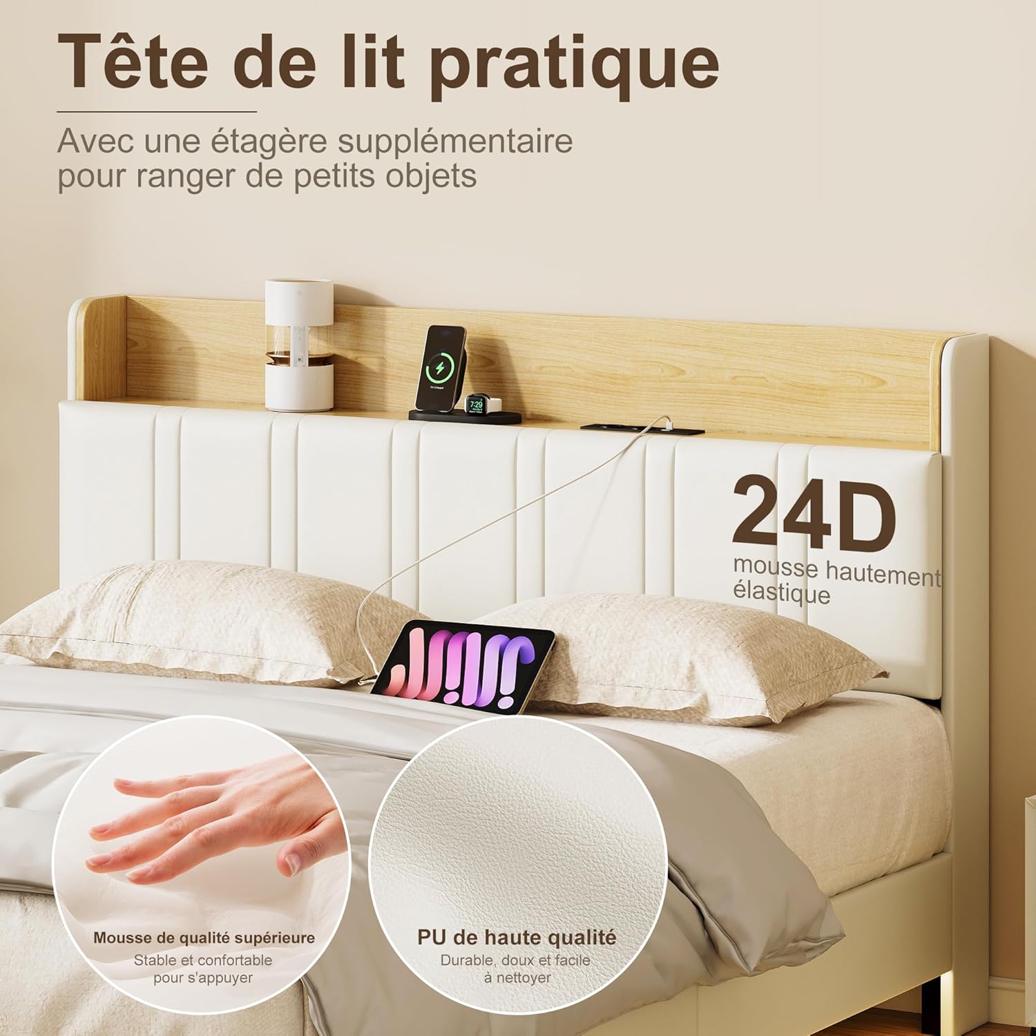 Lit Coffre LED RGB & Port USB | Rangement Hydraulique | Tête de Lit Rembourrée avec Étagères | 90 à 160 x 200 cm