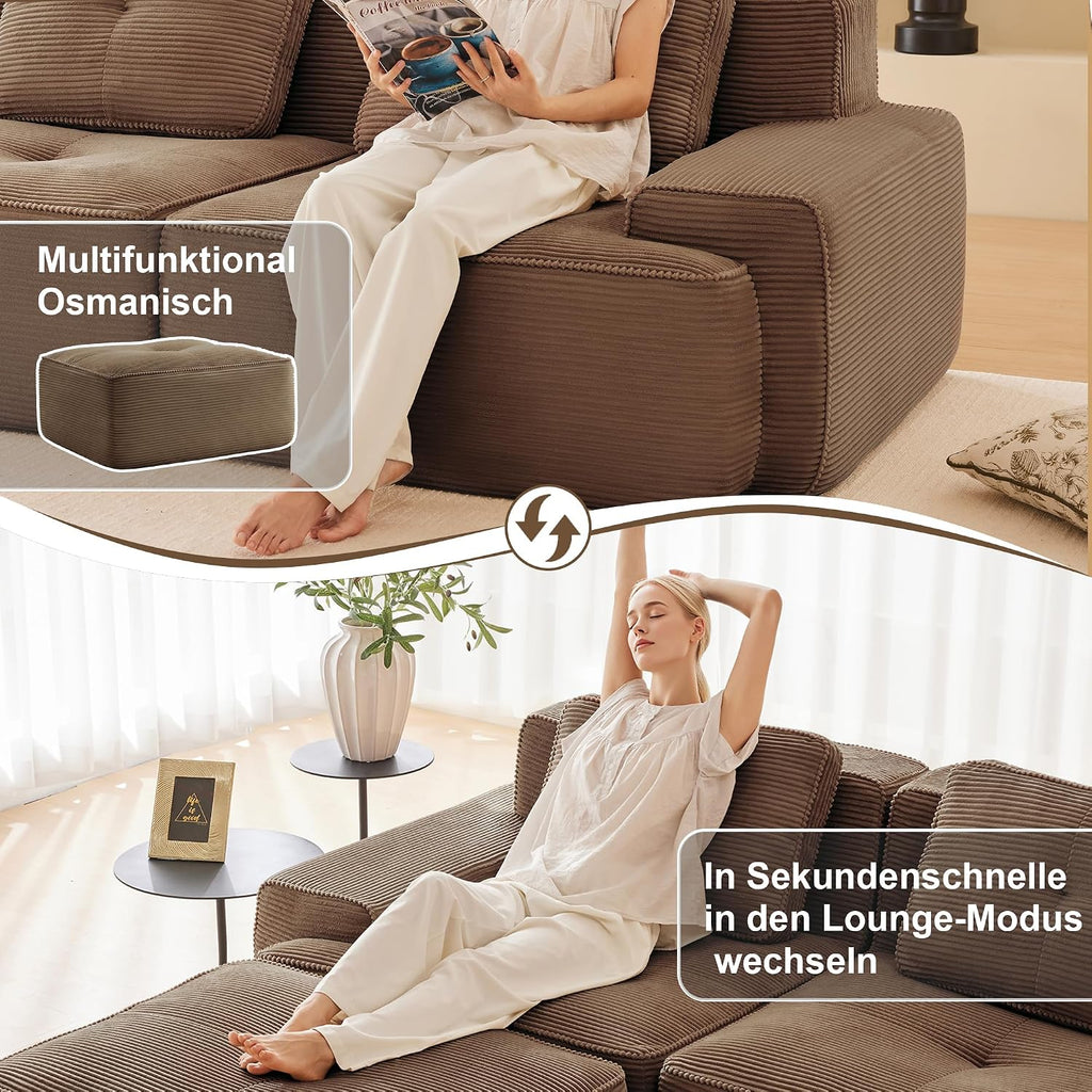 Canapé modulable en L Bladez – 3+1 places – Tissu côtelé kaki clair – Assise profonde