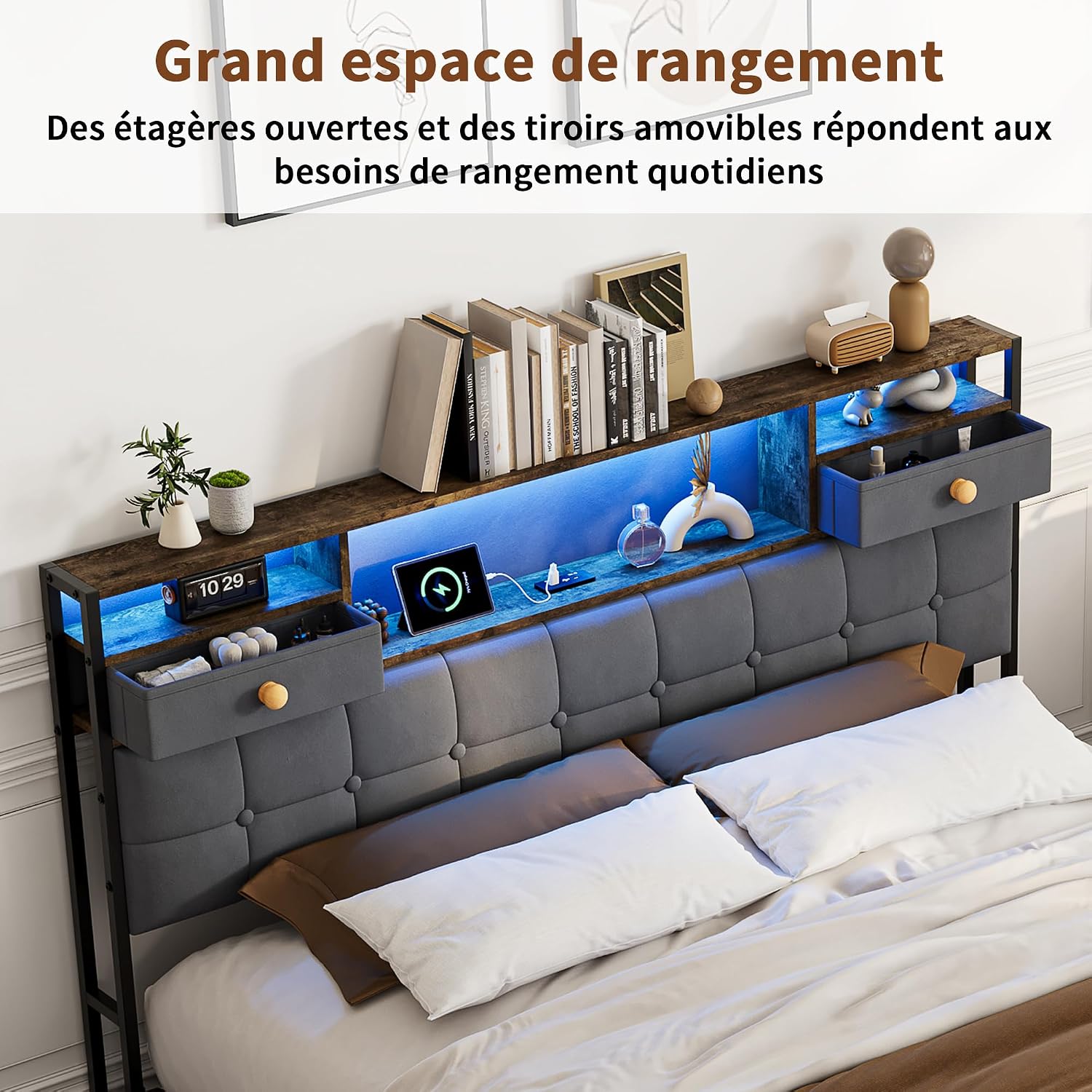 Lit Double 140x200 cm – 4 Tiroirs de Rangement, Éclairage LED +6000 Couleurs & Tête de Lit Réglable en PU