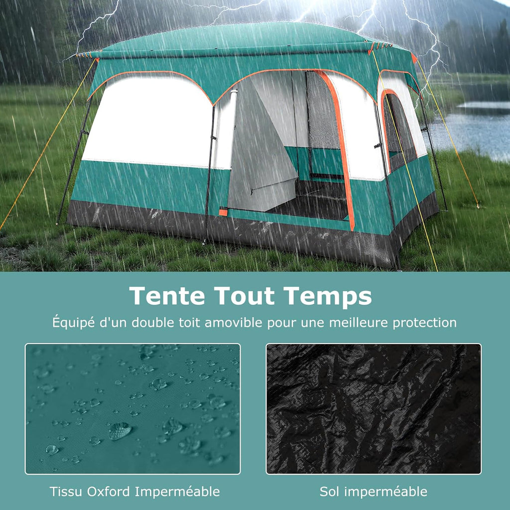 GYMAX Grote campingtent met luifel, 2 aparte slaapkamers, dakraam, afneembaar regenzeil, deuren en ramen, oprolbaar, voor buiten, concerten, picknick