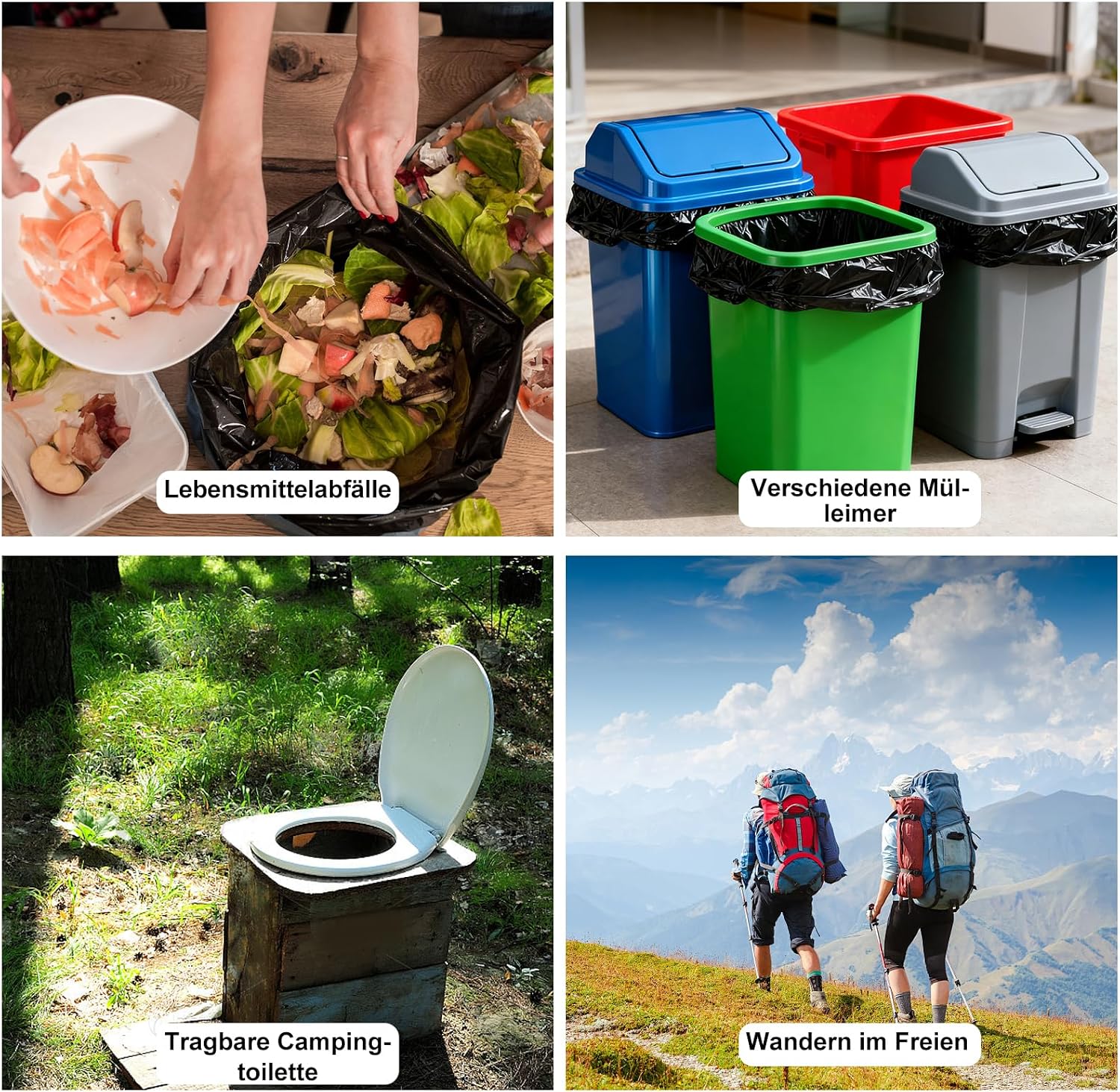 100 stuks campingtoilettzakken, zwart, 30 liter, biologisch afbreekbaar, voor wandelen, alle campingtoiletten, waterdicht, extra dik, scheidbare toiletaccessoires