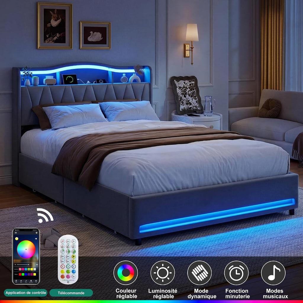Lit Double 140x200 cm – 4 Tiroirs de Rangement, Éclairage LED +6000 Couleurs & Tête de Lit Réglable en PU