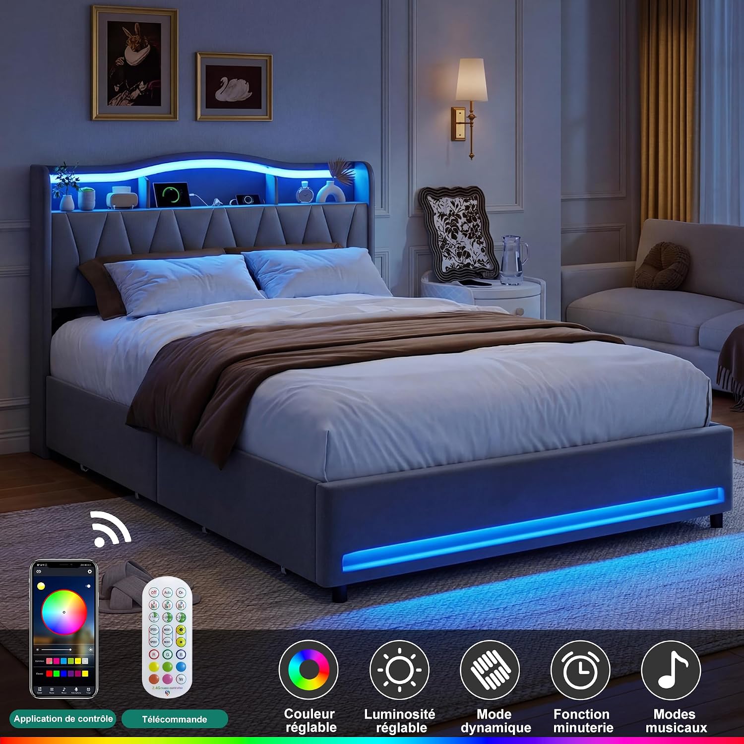 Lit Double 140x200 cm – 4 Tiroirs de Rangement, Éclairage LED +6000 Couleurs & Tête de Lit Réglable en PU