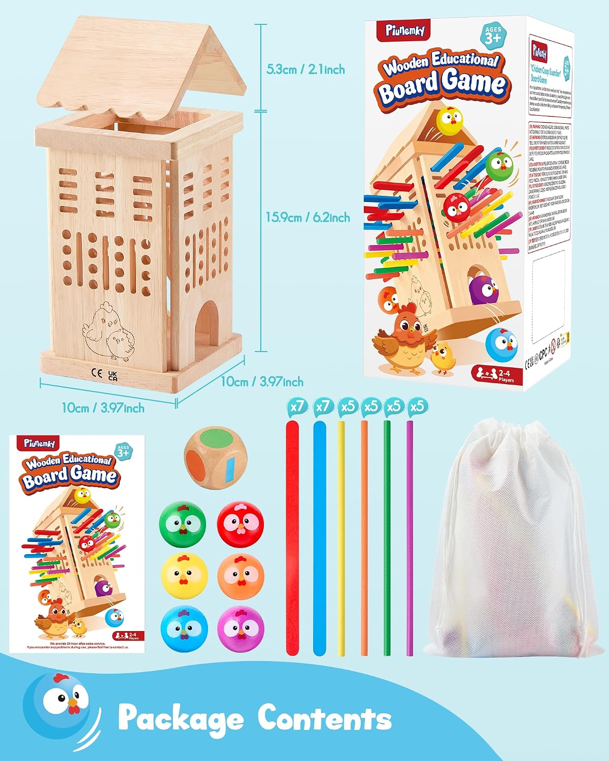 Wooden Board Game for Children 3-6 Years - Chicken Coop Game with Dice, Sticks and Chick Ball - Family Game Balance and Concentration - Boy Girl Birthday Gift