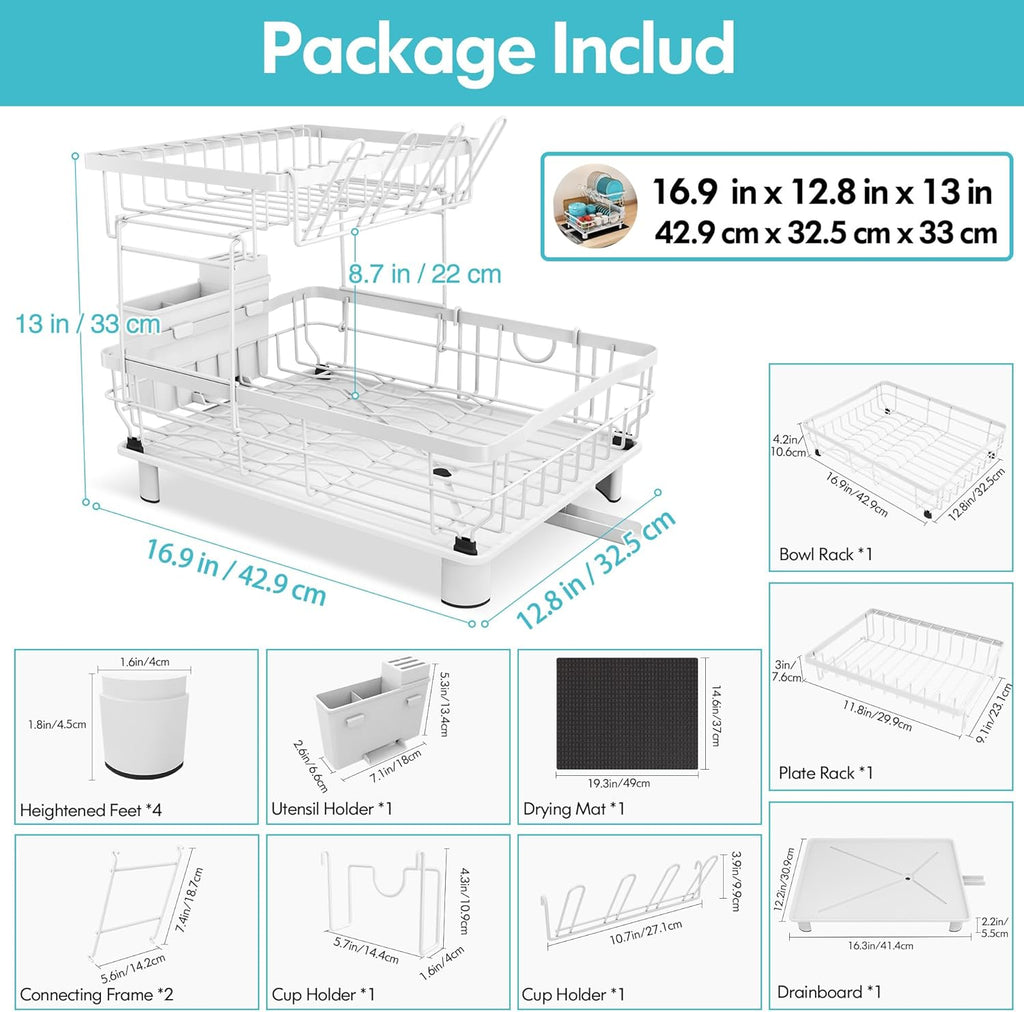 Égouttoir à Vaisselle 2 Niveaux MAJALiS Noir – Inox, Drainage Auto 360°, Tapis Inclus, 43 x 33 cm