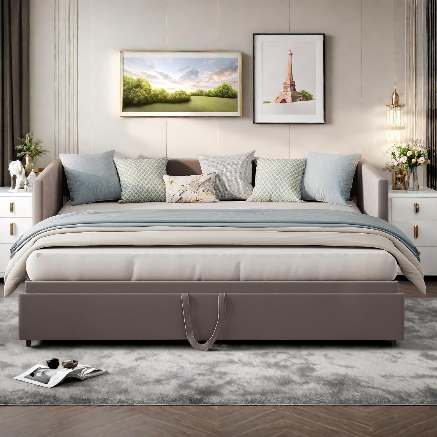 Canapé-Lit Convertible LKPOMI 2 Places — Velours Beige, Lit 180x200 cm