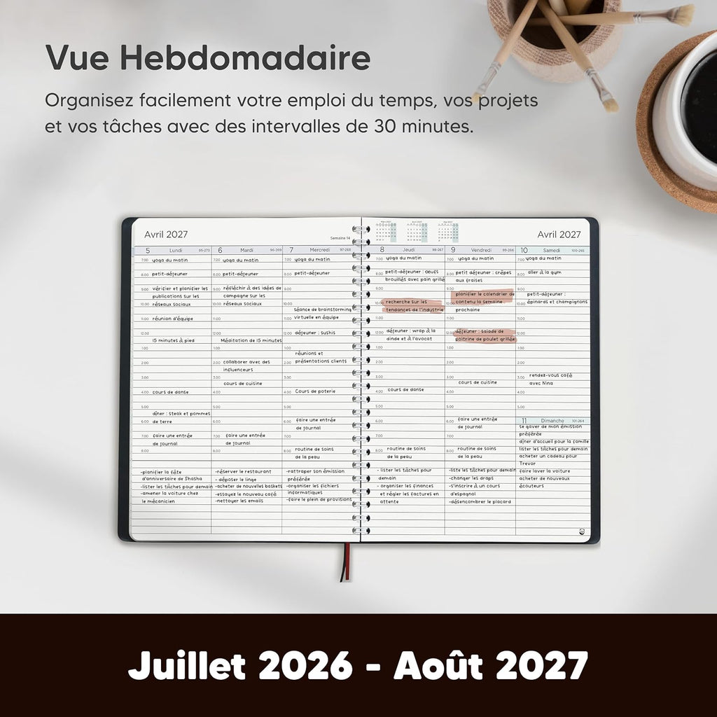 SmartPanda Agenda 2026 2027 – weekkalender – eenvoud inspireert productiviteit – zachte omslag, intervallen van 30 minuten – juli 2026 – augustus 2027 – A5, in het Frans