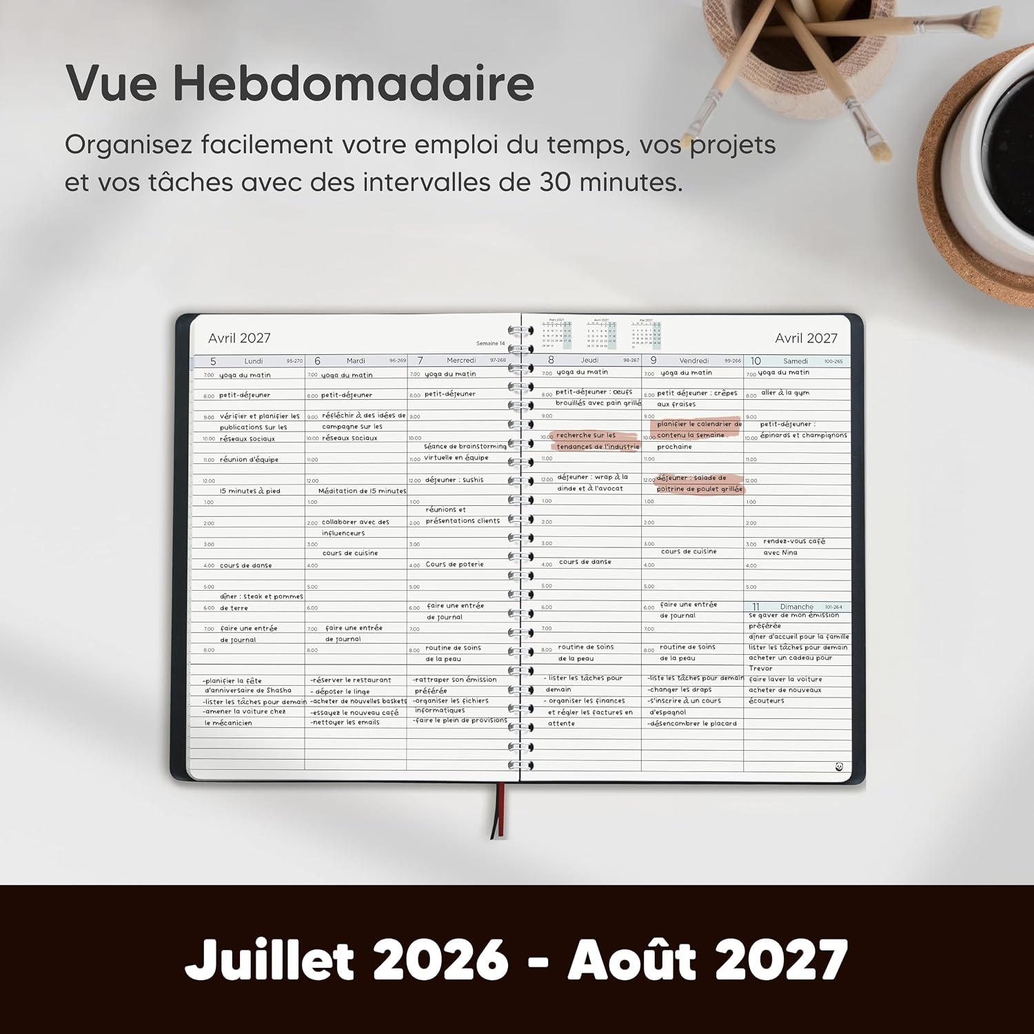 SmartPanda Agenda 2026 2027 – weekkalender – eenvoud inspireert productiviteit – zachte omslag, intervallen van 30 minuten – juli 2026 – augustus 2027 – A5, in het Frans