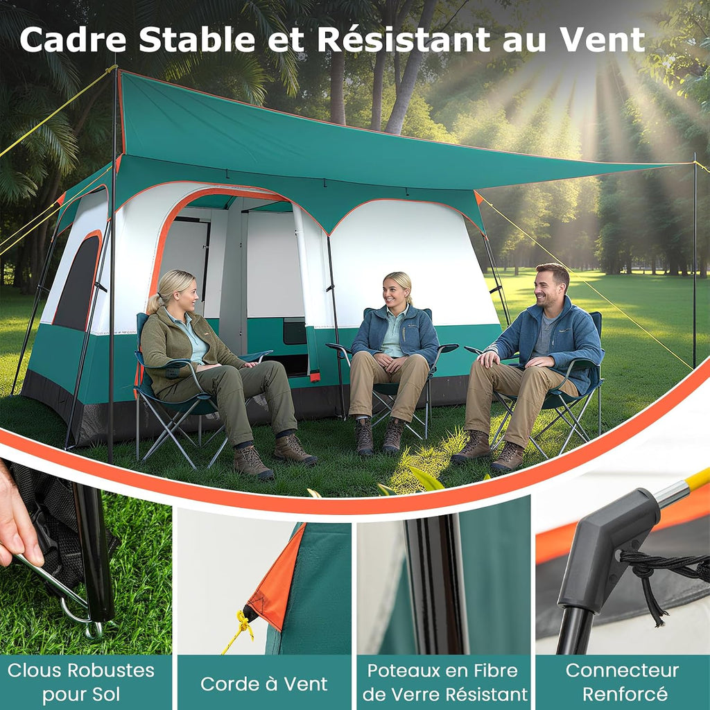 GYMAX Grote campingtent met luifel, 2 aparte slaapkamers, dakraam, afneembaar regenzeil, deuren en ramen, oprolbaar, voor buiten, concerten, picknick