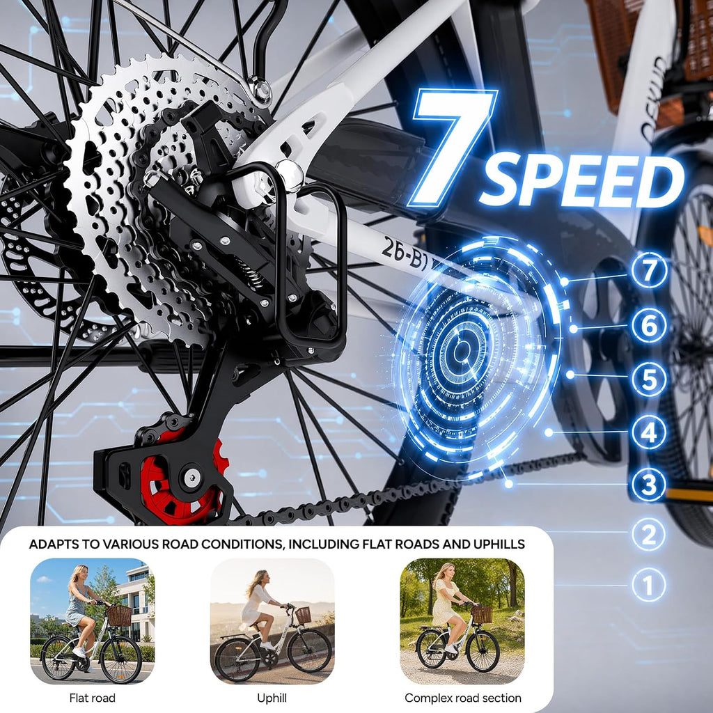 E-bike voor dames en heren, 26 inch, met mand, stadsfiets, trekkingfiets met 36 V 13 Ah accu, wit