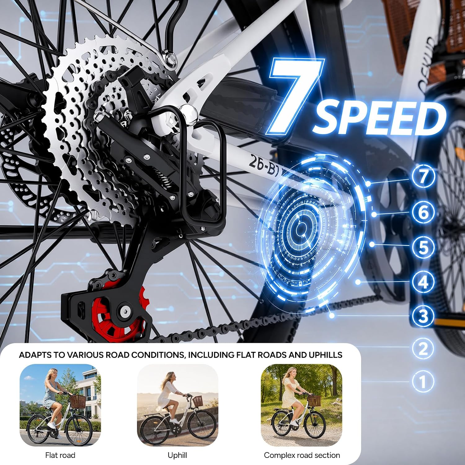 E-bike voor dames en heren, 26 inch, met mand, stadsfiets, trekkingfiets met 36 V 13 Ah accu, wit