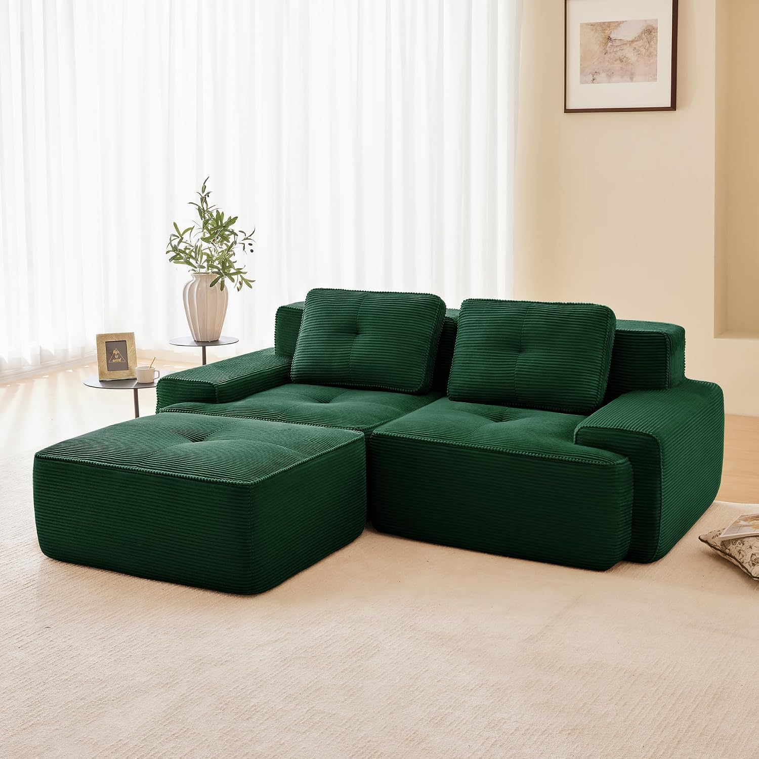 Canapé modulable en L Bladez – 3+1 places – Tissu côtelé kaki clair – Assise profonde